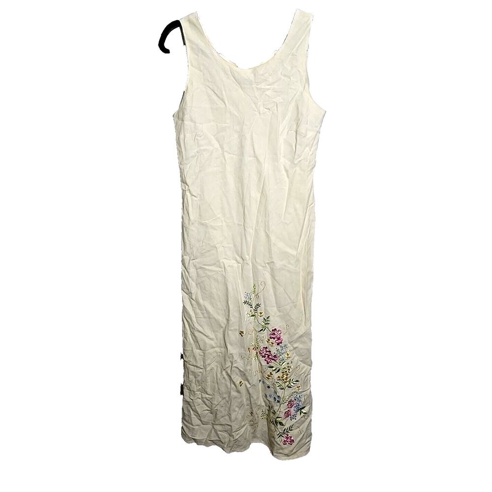 VTG Y2K‎ Beige Embroidered Pink Floral Linen Blend Sleeveless Dress Womans Sz 14